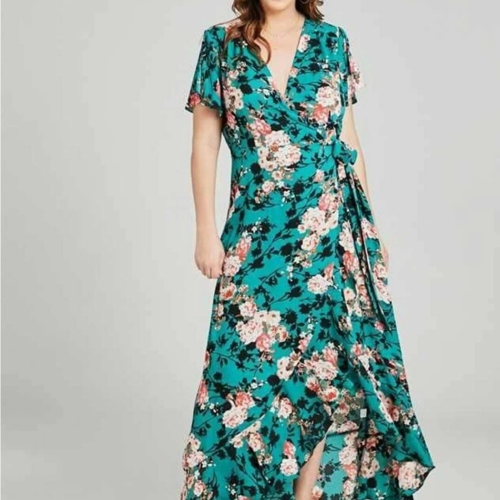 A’beautiful soul Blue and Pink Ruffled Wrap Sundress with Flutter Sleeves XL